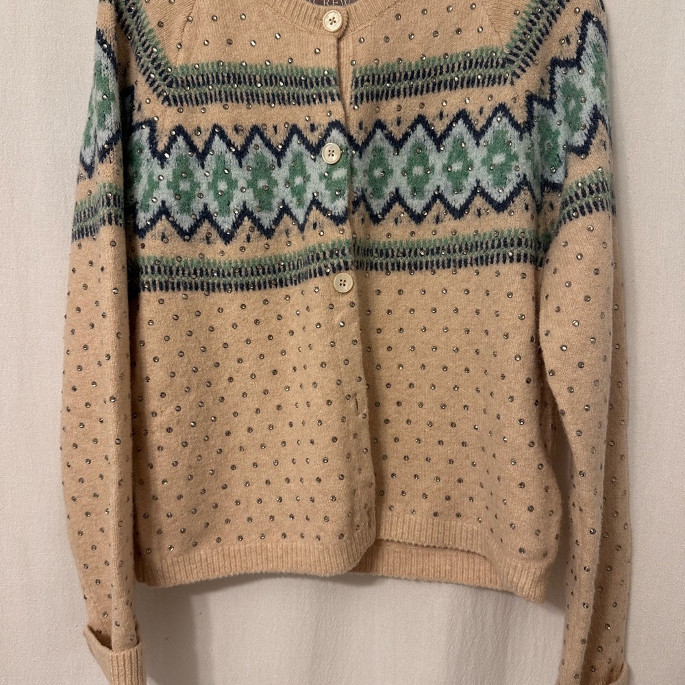 Women's Beige and Green Patterned Sweater